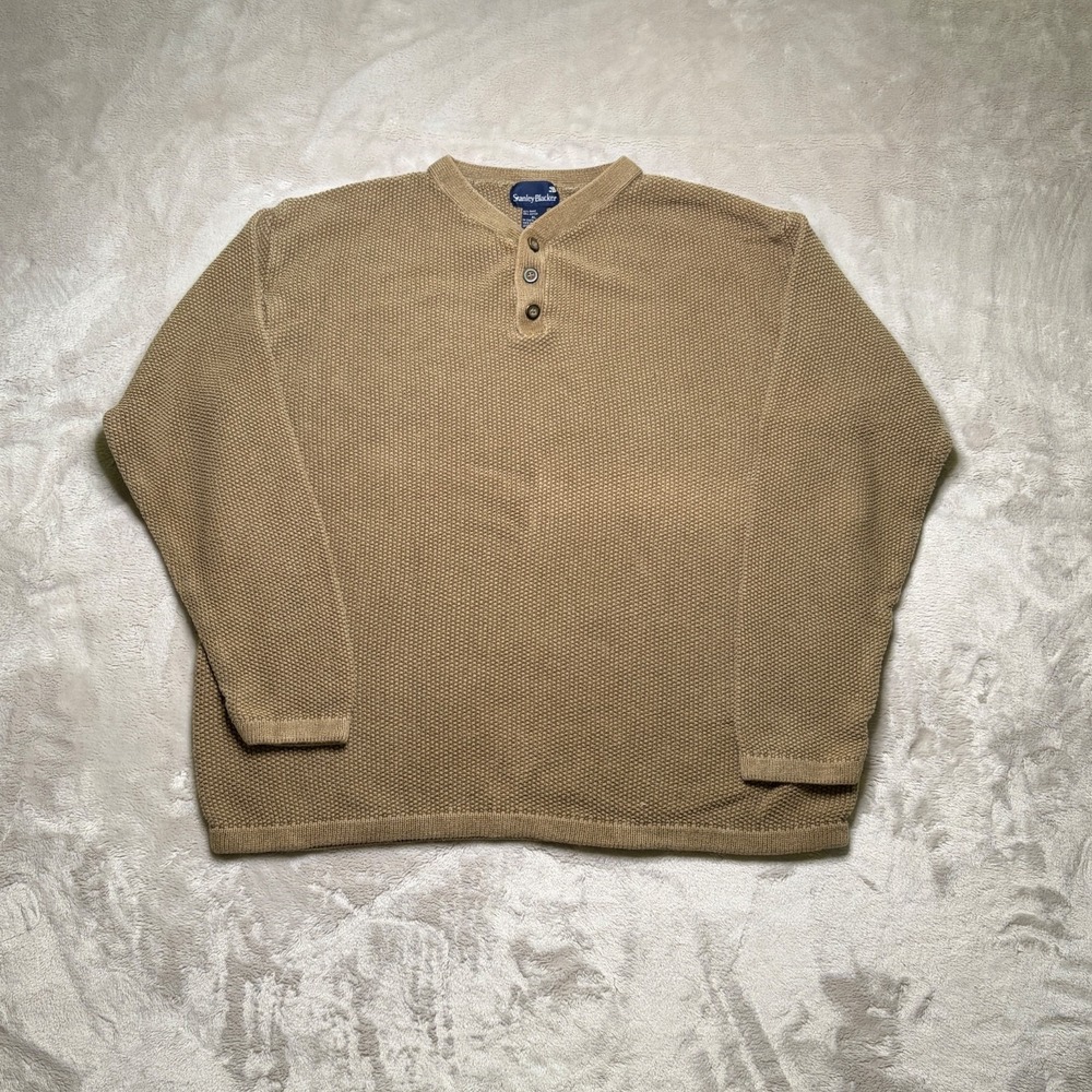 Vtg Stanley Blacker Waffle Knit Henley Sweater Mens XL Beige Heavyweight Cabin